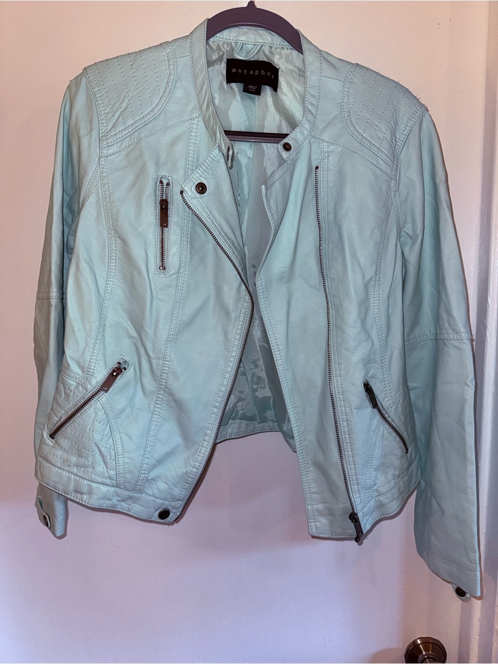 Metaphor Mint Green Faux Leather Moto Jacket Size M Quilted Biker Zip